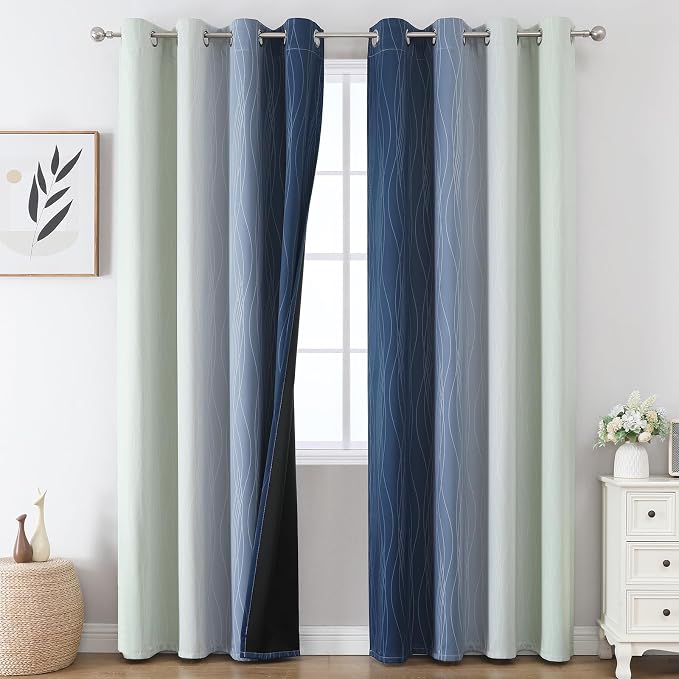 Sage Green and Navy Blue Ombre Blackout Curtains - Image 2