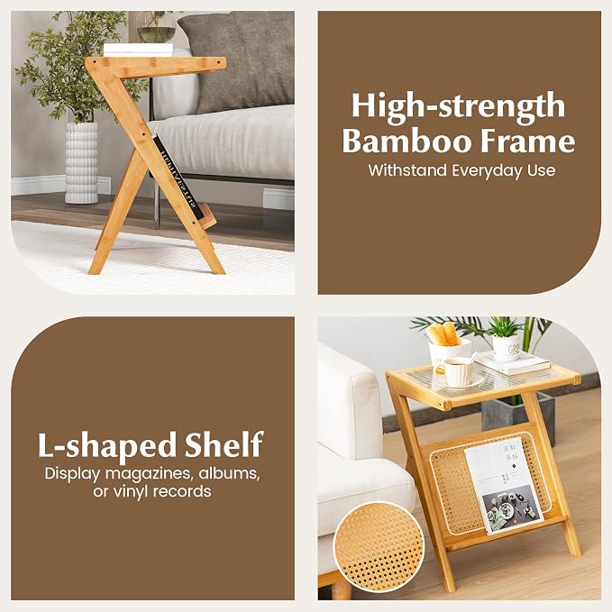 Giantex Rattan Side Table Set of 2, Boho Nightstand - Image 7