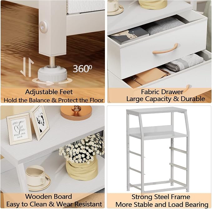 Furnulem White Nightstand with 3 Drawers and 2-Tier Shelf, Small Night Stand - Image 5