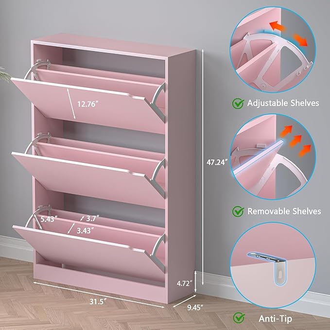 BORNOON Shoe Cabinet with 3 Flip Drawers, Hidden Wood Shoe Cabinet, - Image 2