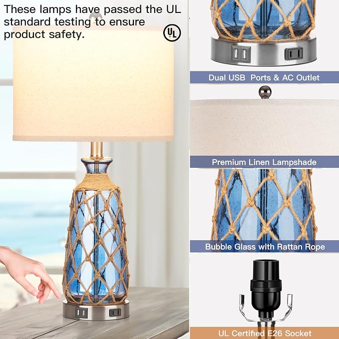 Ruzectt Coastal Glass Table Lamps, 3-Way Dimmable Touch Control Bedside Lamps - Image 7