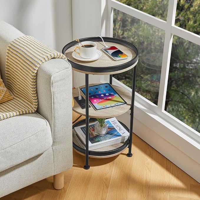 Dulcii Round Side Table with Charging Station, End Table with 3 Shelves - Image 7