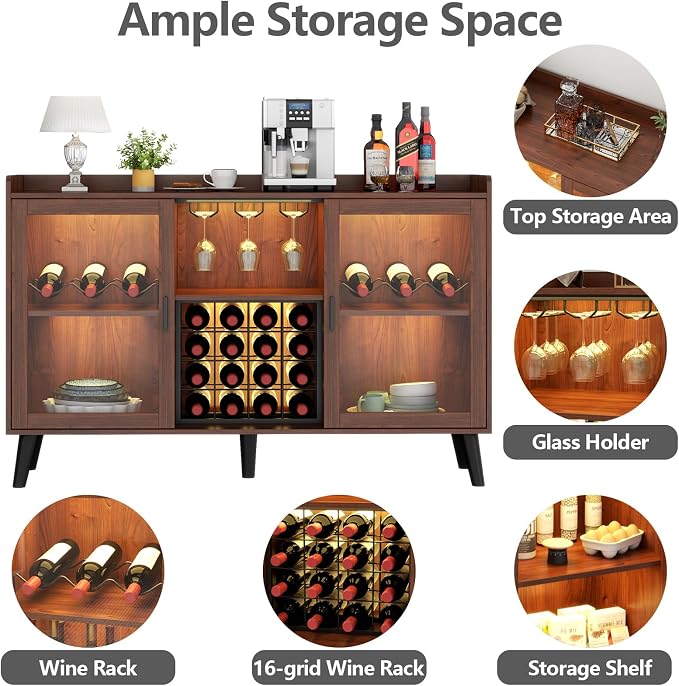 Auromie Wine Bar Cabinet with Led Light, Home Coffee Cabinet with Wine and - Image 4