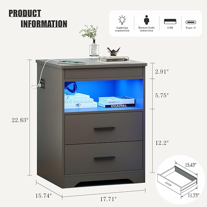 Nightstand with Gun Drawer, Charging Bedside Table with USB & Type-C Port - Image 2