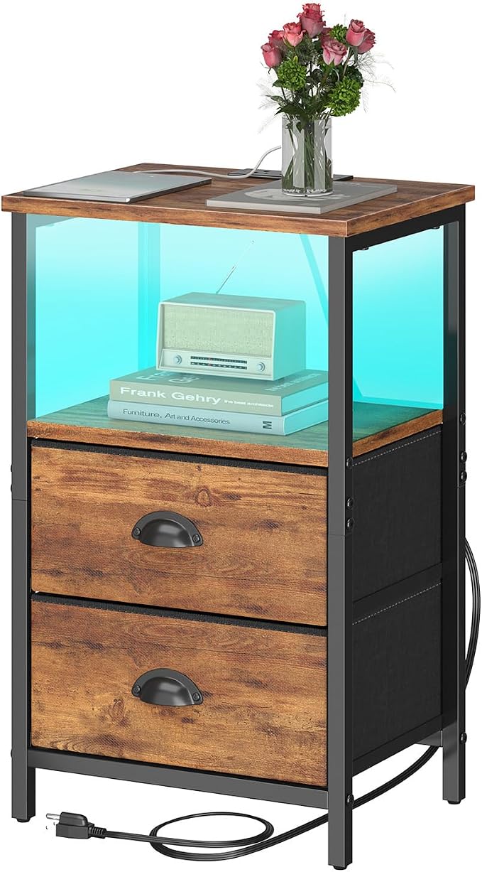sthmec Nightstand with Charging Station, Night Stand with 2 Fabric Drawers by Unknown