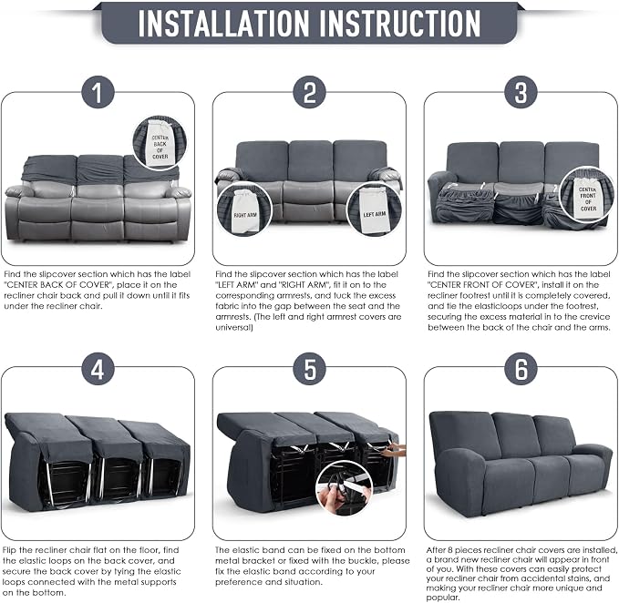 TAOCOCO Recliner Sofa Covers 8-Pieces Stretch Large Couch Covers - Image 6