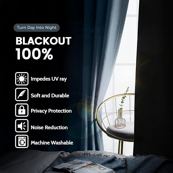 SimpleHome Stone Blue 100% Blackout Curtains Room Darkening Living Room 72L | - Image 3