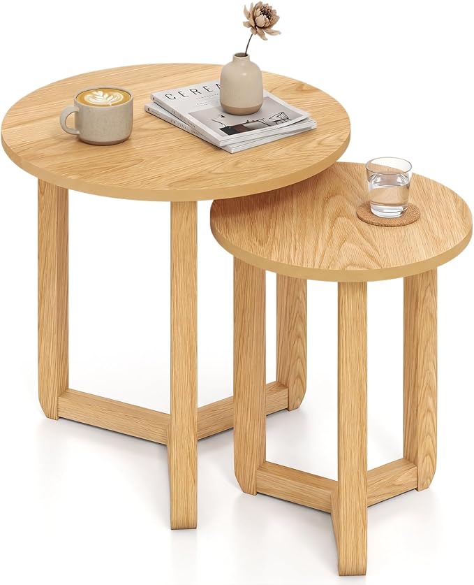 Giantex Round Nesting Coffee Table Set of 2, Wood Nesting End Tables - Image 9