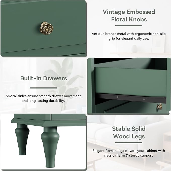Green Dresser for Bedroom with 5 Drawers, Vintage Tall Dresser with Smooth - Image 4