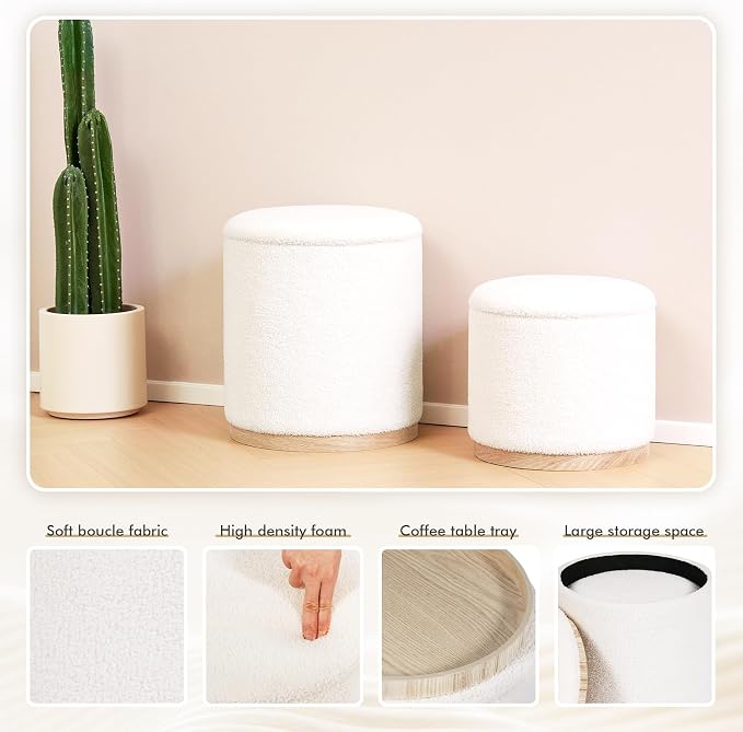 PINPLUS Round Ottoman with Storage Set of 2, Vanity Stool with Tray Storage - Image 4