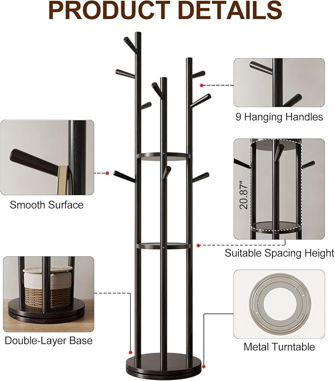 Muwuele Solid Wood Rotary Coat Rack, Freestanding Coat Rack - Image 5
