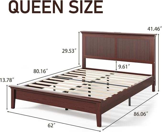 Lifezone Queen Bed Frame with Headboard, Solid Wood Bed Frame Queen Size with - Image 2