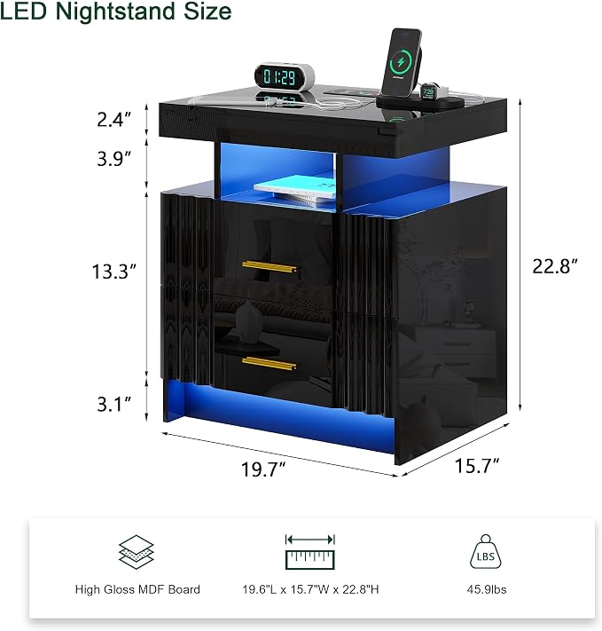 Nightstand with Wireless Charging Station, Smart Night Stand with 2 Drawers - Image 2
