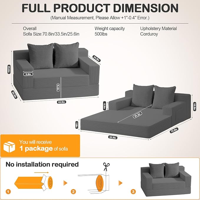 Erament Convertible Sofa Bed, Loveseat Folding Floor Futon Sleeper Sofa Couch - Image 3