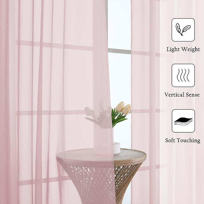 Blush Pink Sheer Curtains 120 Inches Long 2 Pcs, Rod Pockets Voile Living Room - Image 2