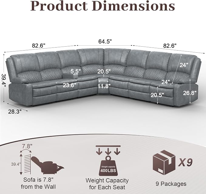 Yolsali Manual Reclining Sectional Sofa Set, 7 Seats Soft Leather Recliner - Image 2