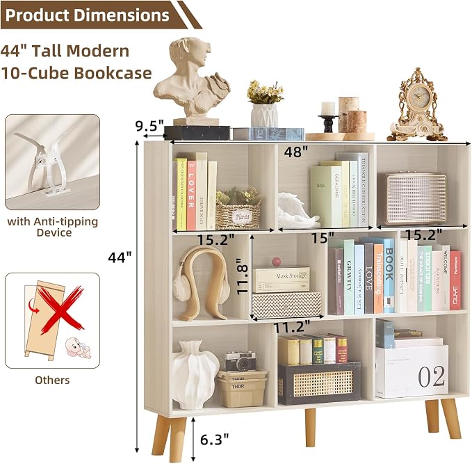 LEYAOYAO 10 Cube Bookshelf, 3 Tier Modern Wide Bookcase - Image 2