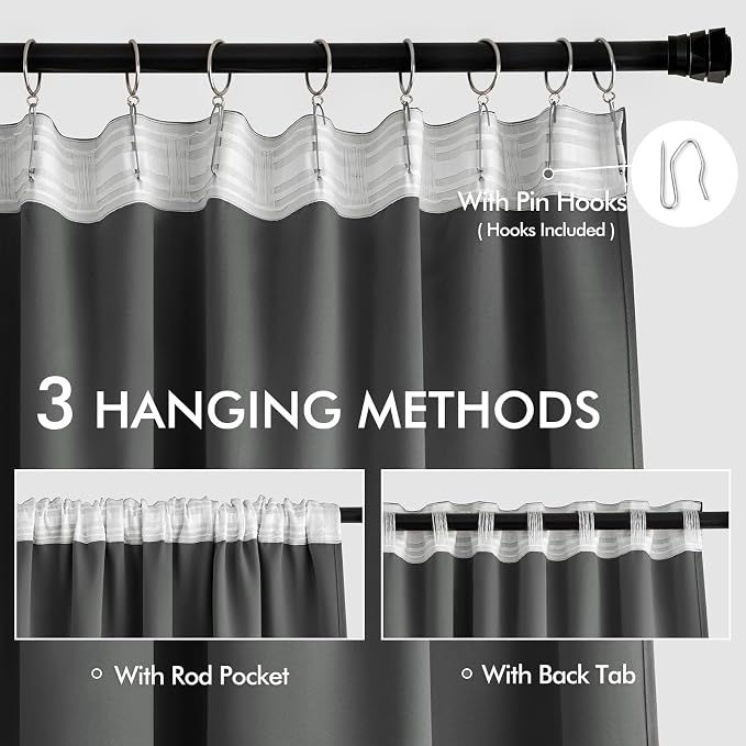 MIULEE Grey Back Tab Blackout Curtains 52x102 Inch Long 2 Panels Set | Rod - Image 3