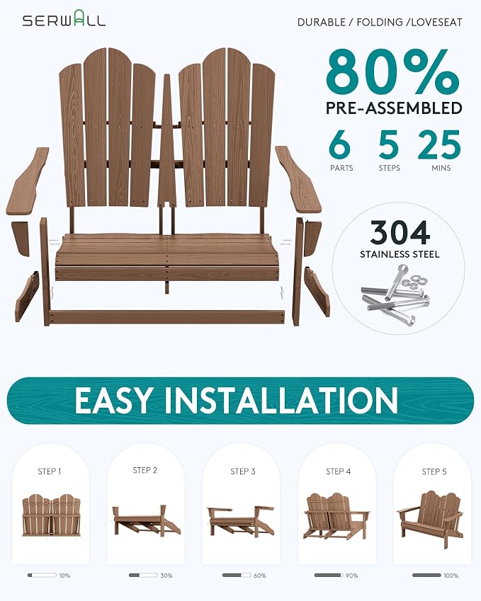 SERWALL 3 Pieces Patio Adirondack Bench Set, 2 Folding Adirondack Bench & 1 - Image 8