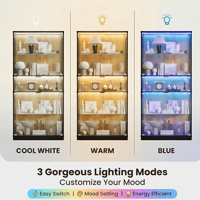 Display Cabinet with Glass Doors & LED Lights, 5 Tier Lighted Display Case - Image 4