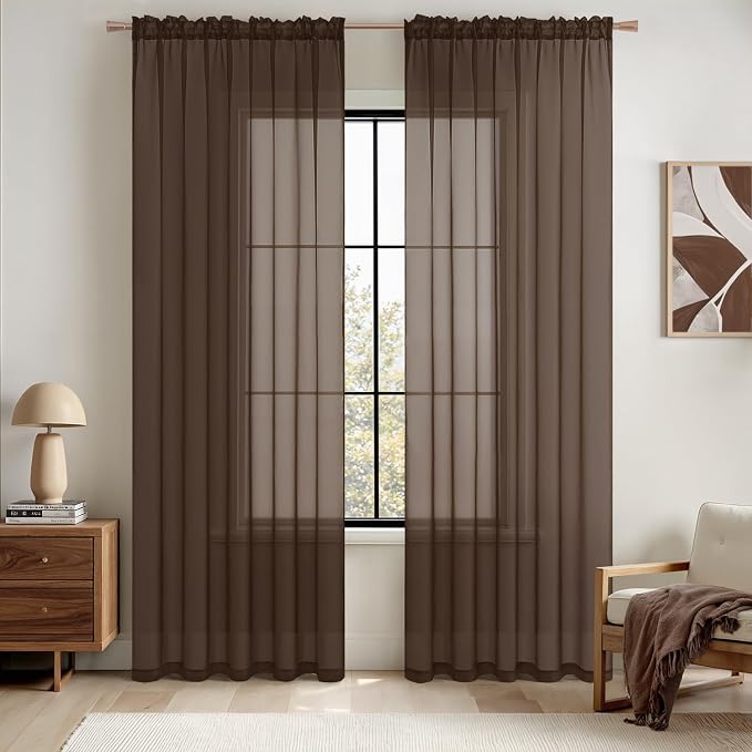 MIULEE Short Chocolate Brown Sheer Curtains 54 X 54 Inches, 2 Panels Set | by MIULEE