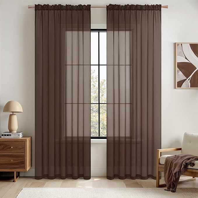 MIULEE Chocolate Brown Sheer Curtains 54 X 72 Inches, 2 Panels | Voile Drapes by MIULEE