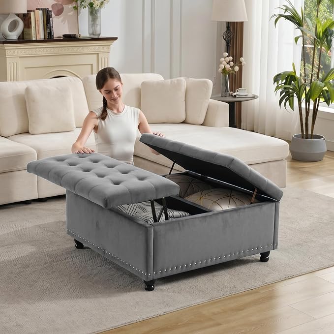 Tbfit Large Square Storage Ottoman Bench, Tufted Upholstered Coffee Table by TBfit