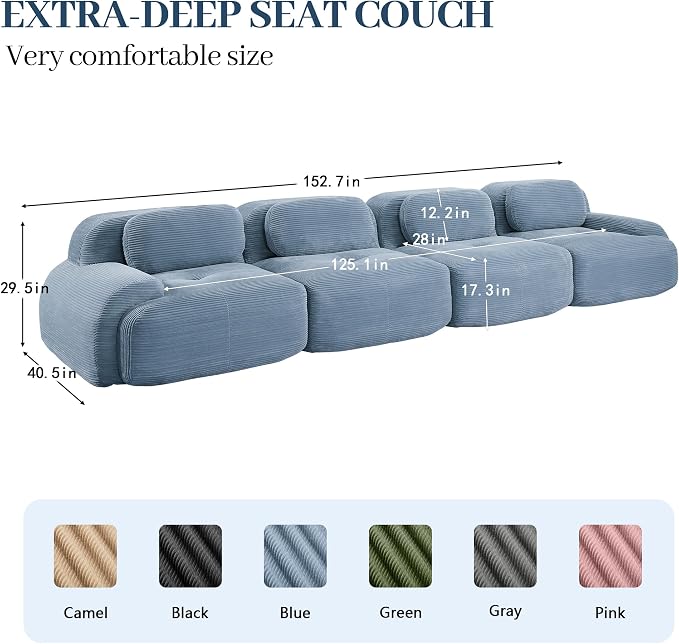 Boneless Sectional Couch, No Assembly Required, 152.7” Modular Cloud Sofa - Image 3
