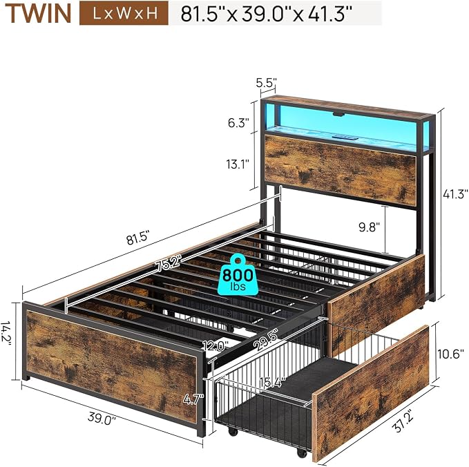 Rolanstar Twin Bed Frame with 4 Storage Drawers, Charging Station and LED Lights - Image 2