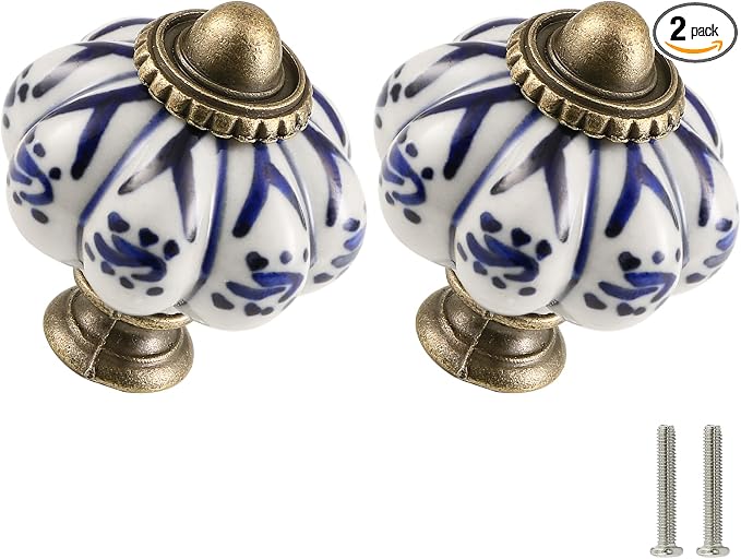 Ivory & Deep Blue Pumpkin Knobs 2 Pack Ceramic Cabinet Knobs Vintage Drawer by Zernmiarder