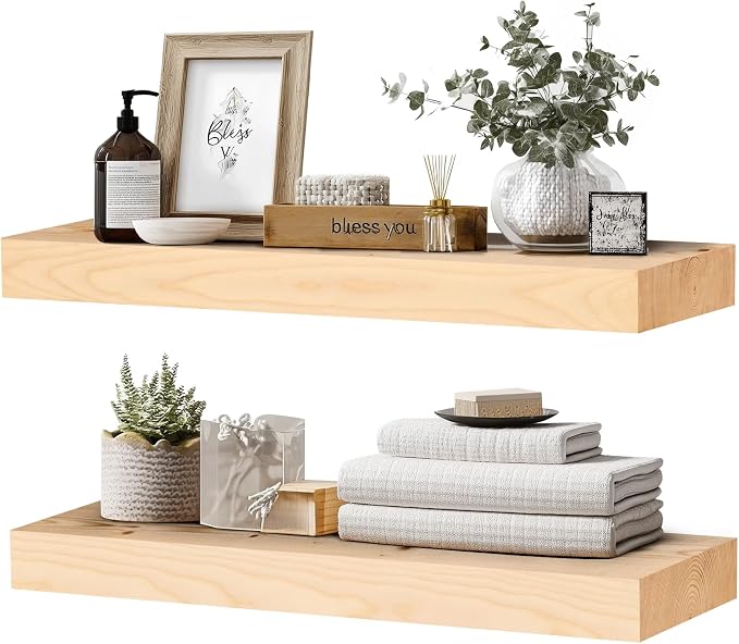 24x8x1.6 inch Floating Shelves Set of 2 – Solid Wood Rustic Wood Wall Mounted by YLYHSST