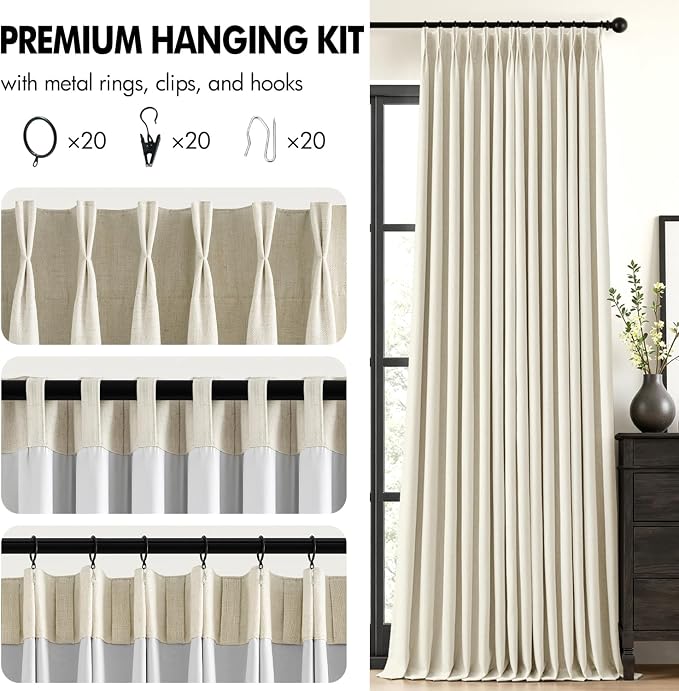 MIULEE Cream Pinch Pleated 100% Blackout Linen Curtains 40x90 Inches | Room - Image 8
