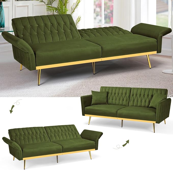 70” Velvet Futon Sofa Bed w/Adjustable Armrests & 2 Pillows, Convertible Futon - Image 5