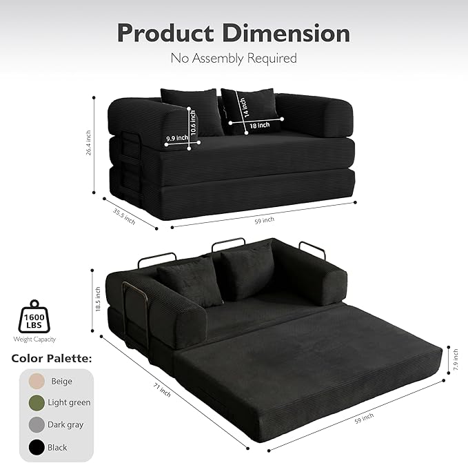 59in Convertible Sofa Bed, Corduroy Boneless Couch Bed, Futon Sleeper Sofa Pull - Image 2