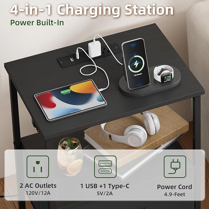 Somdot Black Nightstand with Charging Station and LED Light - Image 5