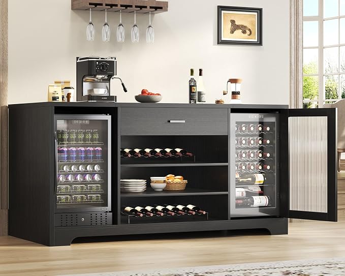 HSH Long Bar Cabinet with Fridge Space, Modern Wood Coffee Wine Liquor Cabinet by HOMESWEETHOME