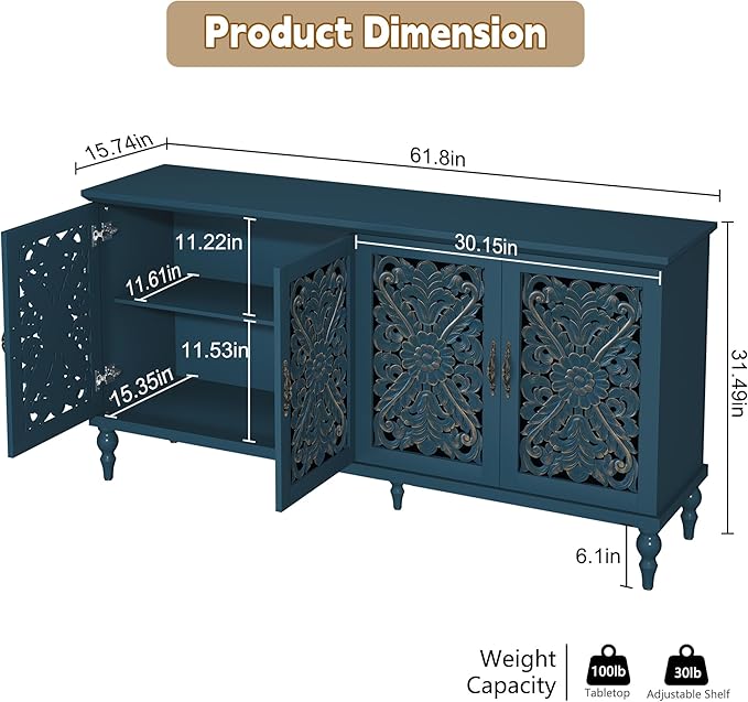 ARTPOWER 61.8" Hollow Carved Wood Accent Cabinet - Image 2