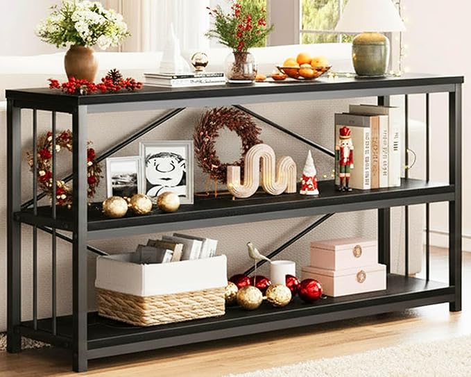 LVB Black Entryway Table, Modern Extra Long Sofa Console Table, Metal Wood by LVB