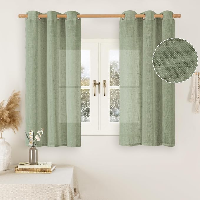 Sage Green Linen Curtains for Windows 2 Panels Set, 48 Inch Linen Textured by LAMIT