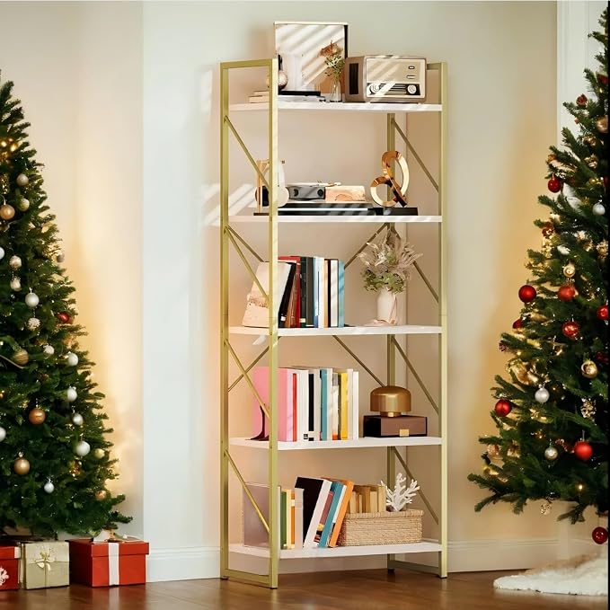DWVO Gold Bookshelf, Modren 5 Tier Bookcase, Storage Shelves Organizer Standing by DWVO