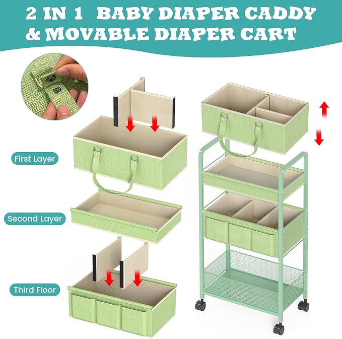 2in1 Baby Diaper Caddy Organizer Cart, 3-Tier Rolling Cart, Metal Diaper Caddy - Image 3