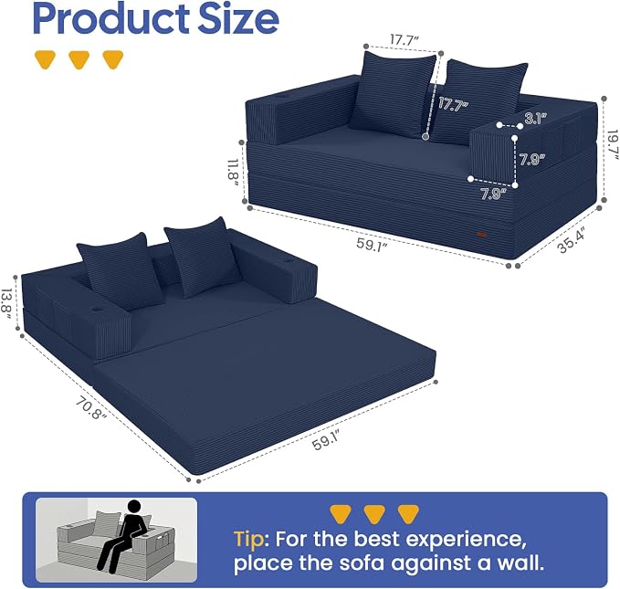 COMAX Futon Sofa Bed, 4‑in‑1 Convertible Sofa Bed, Folding Boneless Couches - Image 2
