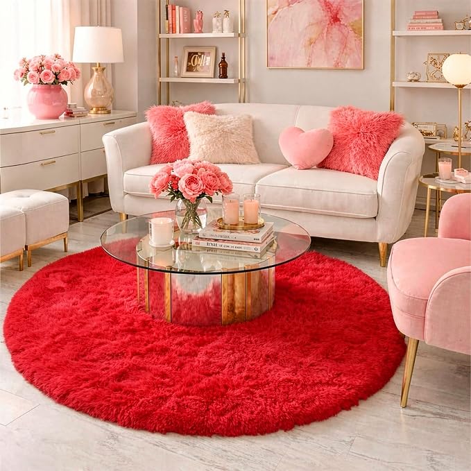 Amdrebio Red Fluffy Round Rug 5Ft - Image 3