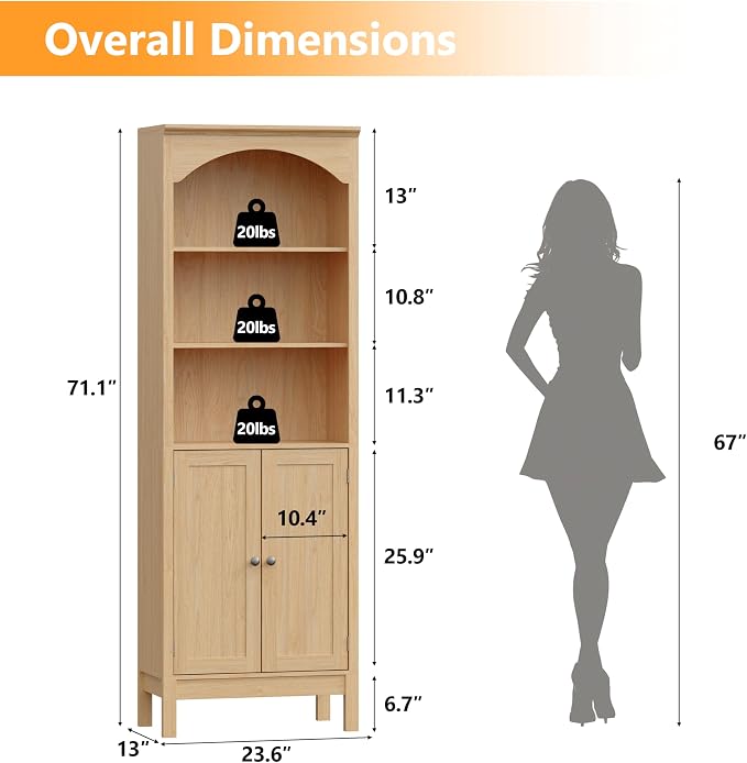 Bookshelf with Doors, Floor Standing Display Storage Cabinet - Image 2