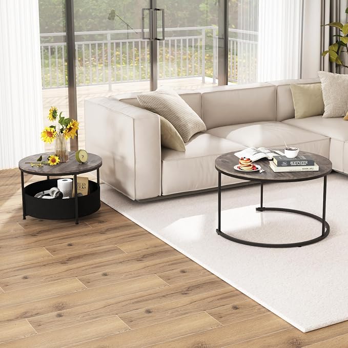 Tangkula Round Nesting Coffee Table Set of 2, Wooden Center End Table - Image 8