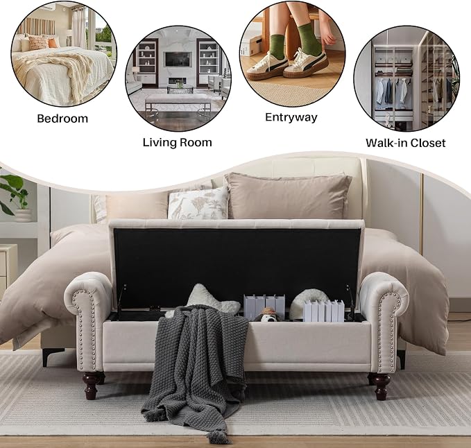 SOFTHION 58.1" Storage Bench Upholstered Linen End of Bedroom Bed Bench Ottoman - Image 7