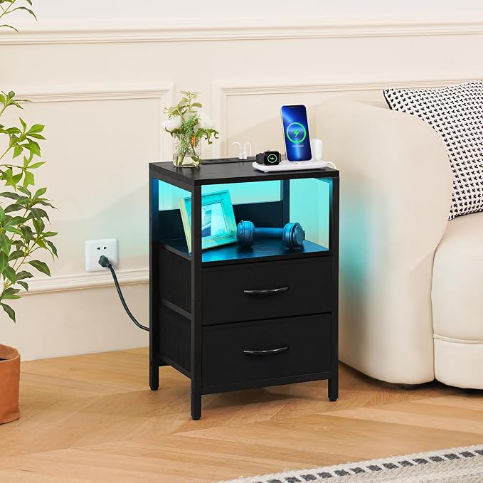 Yoobure Nightstand with Charging Station, LED Night Stand with Fabric Drawers - Image 9