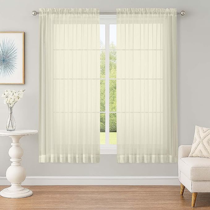 Sheer Cream Curtains, Sheer Curtains 63 inch Length 2 Panels Set, Rod Pocket by OWENIE