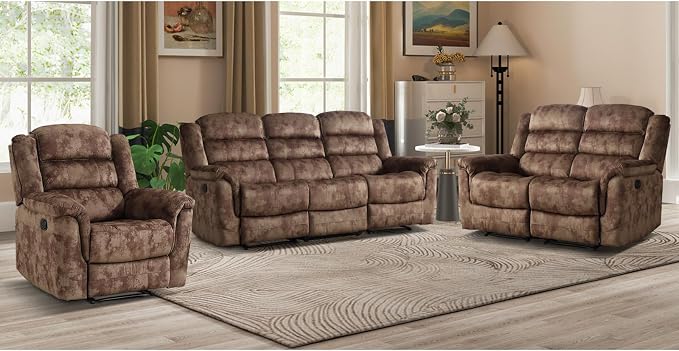 EBELLO 3 Pieces Reclining Living Room Set, Overstuffed Soft Fabric Manual - Image 7