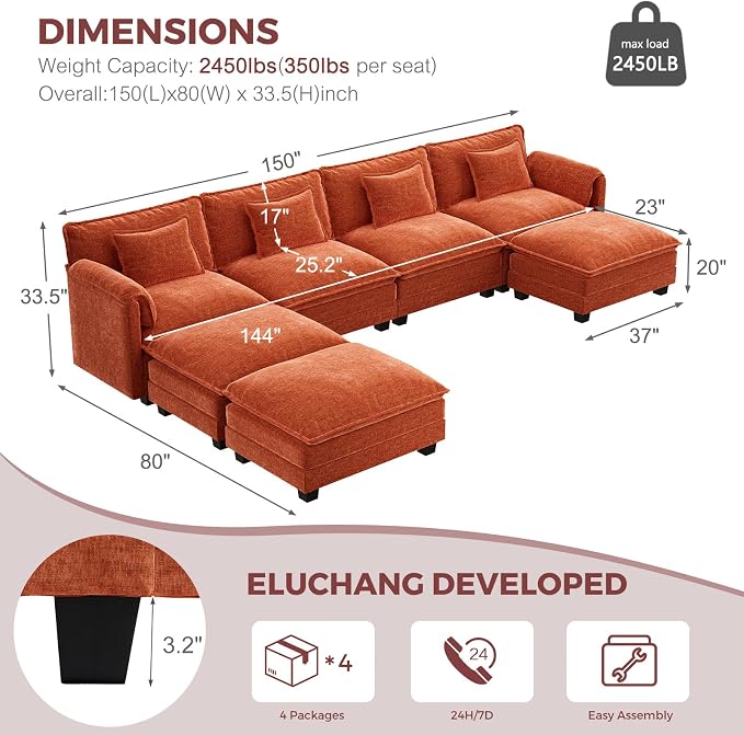 ELUCHANG Oversized 150" Modular Sectional Sofa, Comfy Cloud Couch, U Shaped - Image 2